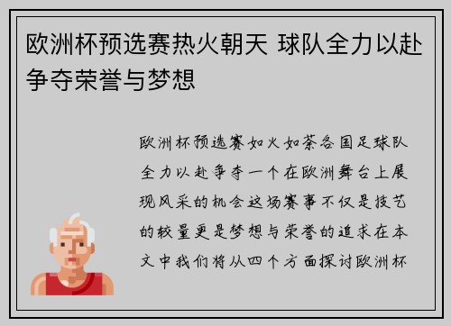 欧洲杯预选赛热火朝天 球队全力以赴争夺荣誉与梦想