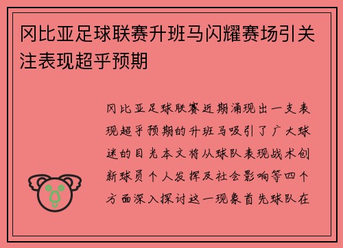 冈比亚足球联赛升班马闪耀赛场引关注表现超乎预期