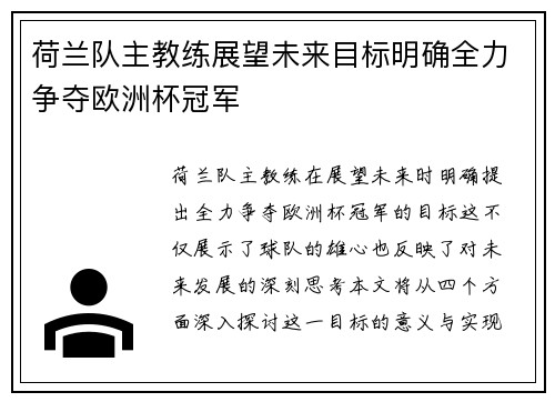 荷兰队主教练展望未来目标明确全力争夺欧洲杯冠军