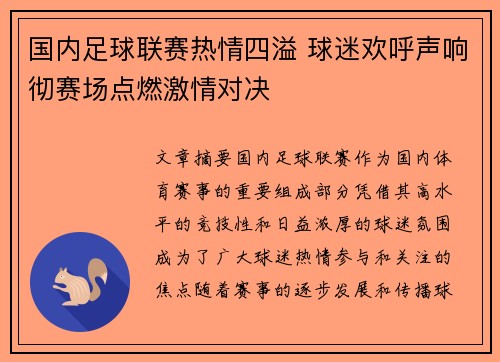 国内足球联赛热情四溢 球迷欢呼声响彻赛场点燃激情对决