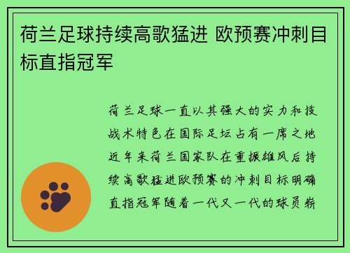 荷兰足球持续高歌猛进 欧预赛冲刺目标直指冠军