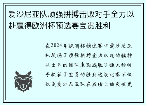 爱沙尼亚队顽强拼搏击败对手全力以赴赢得欧洲杯预选赛宝贵胜利