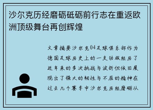 沙尔克历经磨砺砥砺前行志在重返欧洲顶级舞台再创辉煌