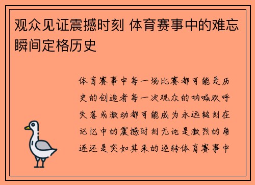 观众见证震撼时刻 体育赛事中的难忘瞬间定格历史