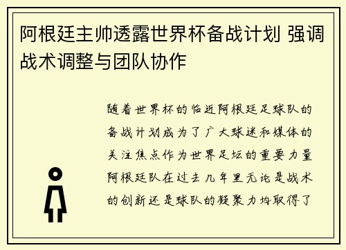 阿根廷主帅透露世界杯备战计划 强调战术调整与团队协作