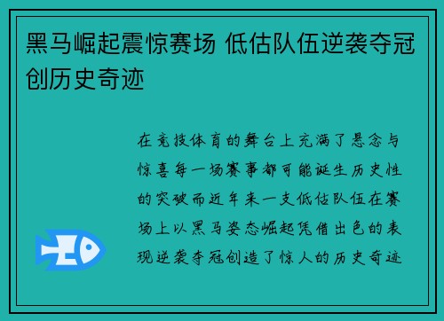 黑马崛起震惊赛场 低估队伍逆袭夺冠创历史奇迹