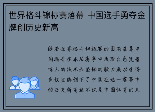 世界格斗锦标赛落幕 中国选手勇夺金牌创历史新高
